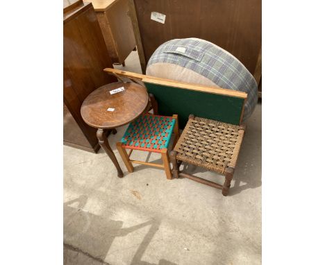 A FOLDING CARD TABLE, TWO STOOLS, OAK OCCASIONAL TABLE AND VOYAGE MAISON CUSHION STOOL 