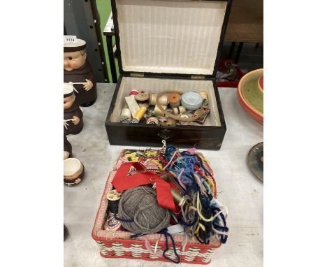 A QUANTITY OF SEWING ITEMS TO INCLUDE THREADS, NEEDLES, RIBBON, ETC PLUS A SEWING BOX AND A VINTAGE MAHOGANY BOX 