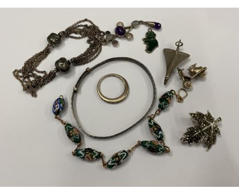 A BOX OF ASSORTED JEWELLERY, SILVER AND ENAMEL IRELAND PENDANT, SILVER CZ RING ETC 