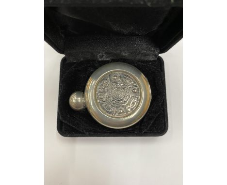 A BOXED PEWTER CELTIC HIP FLASK 