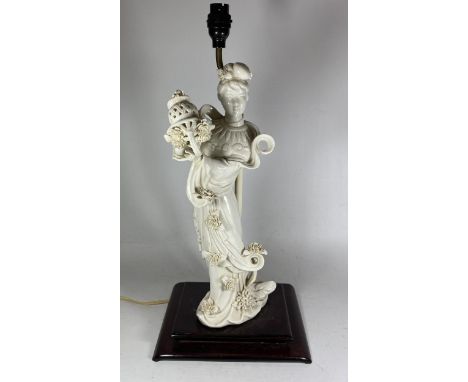 A CHINESE BLANC DE CHINE CHINESE FIGURAL PORCELAIN TABLE LAMP, HEIGHT INCLUDING FITTING 48CM 