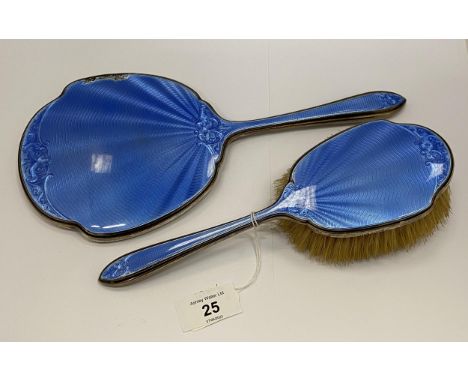 TWO HALLMARKED SILVER ART DECO ENGINE TURNED BLUE ENAMEL DRESSING TABLE ITEMS - BRUSH AND MIRROR 