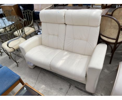 A MOBEL TEAK (SWEDEN) CREAM LEATHER TWO SEATER RECLINER SETTEE 