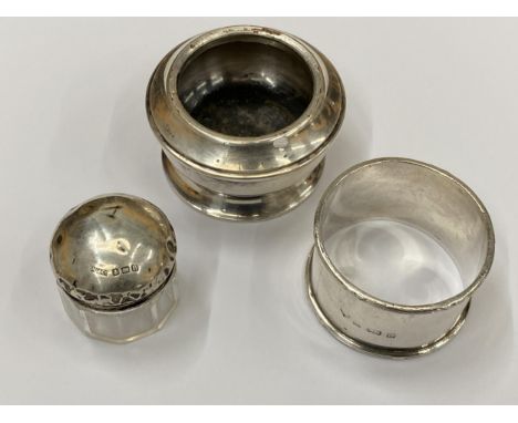 THREE PIECES OF SILVER- NAPKIN RING, GLASS AND SILVER POT AND FURTHER INKWELL 