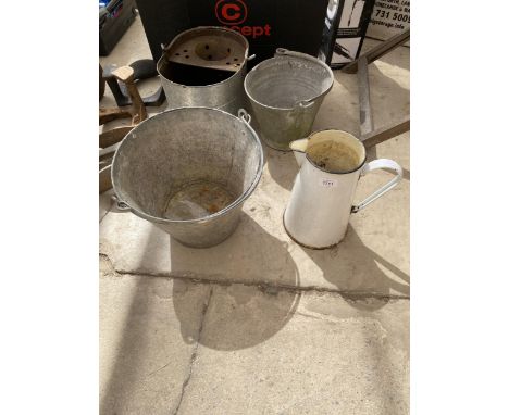TWO GALVANISED BUCKETS, A GALVANISED MOP BUCKET AND AN ENAMEL JUG 