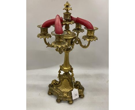 A VINTAGE BRASS FIVE BRANCH CANDLEABRA WITH CHERUB DESIGN BASE, HEIGHT 47CM 