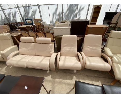 A DECORO ADJUSTABLE TWO SEATER LEATHER SETTEE AND TWO MATCHING CHAIRS BEARING LABEL 'ORIGINAL NELO SWEDEN' 