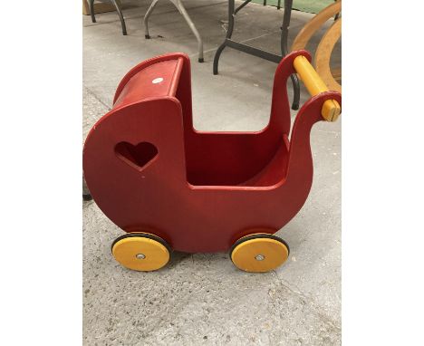 A VINTAGE WOODEN DOLLS PRAM 