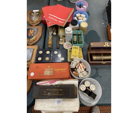 A LARGE MIXED VINTAGE LOT TO INCLUDE BANDAGES, FIRST AID ITEMS, NIGHT LIGHTS, COTTON THREAD, TINS, ETC 