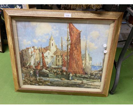 A LARGE GILT FRAMED PRINT OF A BOATING SCENE, UNSIGNED 