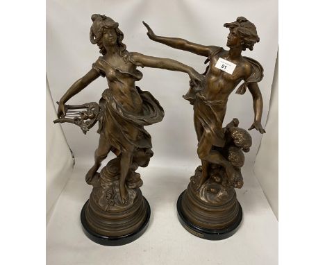 A PAIR OF VINTAGE SPELTER CLASSIC FIGURES, HEIGHT 54CM 
