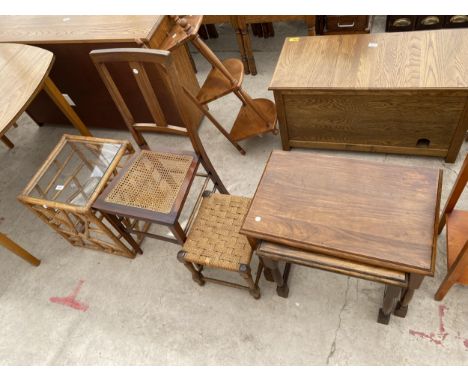 A HARDWOOD NEST OF TWO TABLES, EDWARDIAN BEDROOM CHAIR, SMALL STOOL AND BAMBOO LAMP TABLE 