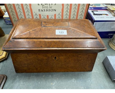 A VICTORIAN BURR MAPLE TEA CADDY, 35 X 18CM 