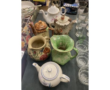 A QUANTITY OF VINTAGE TEAPOTS TO INCLUDE NEW HALL, LEONARDO, ETC PLUS TWO JUGS 