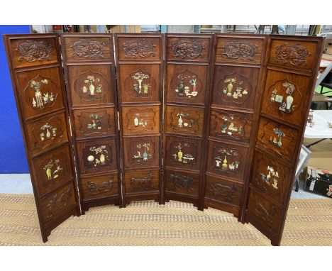 A GREAT QUALITY ORIENTAL CARVED HARDWOOD SIX SECTION SCREEN WITH EIGHTEEN SQUARE PANEL SECTIONS EACH WITH MULTI COLOURED JADE