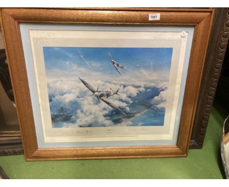 A FIRST EDITION PRINT OF A SPITFIRE SIGNED BY GROUP CAPTAIN SIR DOUGLAS BADER, CBE, DSO,DFC AND AIR VICE-MARSHALL JOHNNIE JOH