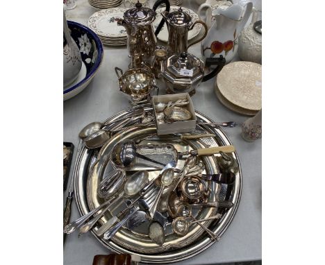 A LARGE QUANTITY OF SILVER PLATE TO INCLUDE A TEASET, TRAY, FLOUR SIFTER, LIGHTER, CUTLERY, CRUMB TRAY, ETC., 