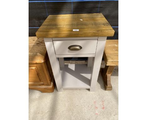 A MODERN PAINTED SIDE-TABLE WITH RUSTIC TOP AND SCOOP HANDLE TO THE DRAWER 