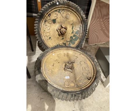 A PAIR OF VINTAGE ALLEN OXFORD IMPLEMENT WHEELS AND TYRES 