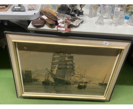 A LARGE FRAMED PRINT OF SHIPS 91CM X 65CM 