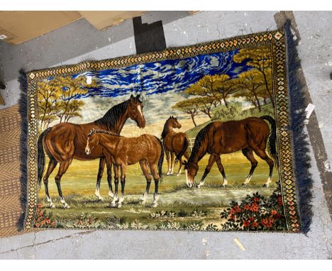 A VINTAGE HANFING TAPESTRY OF HORSES 