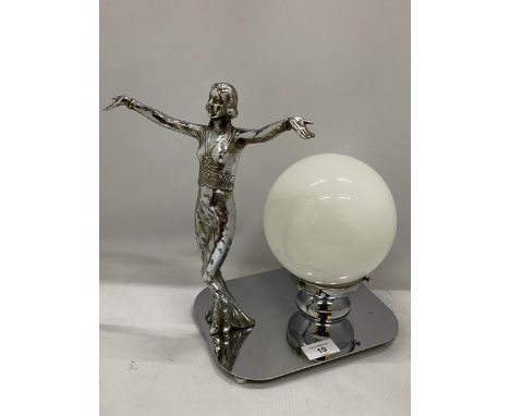 AN ART DECO CHROME LADY LAMP WITH WHITE GLASS DOME SHADE AND SPARE SHADE, HEIGHT 30CM 