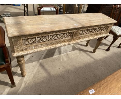A VINTAGE INDIAN HARDWOOD SIDEBOARD WITH FRETWORK PANEL, ON TURNED LEGS, 64.5" WIDE 