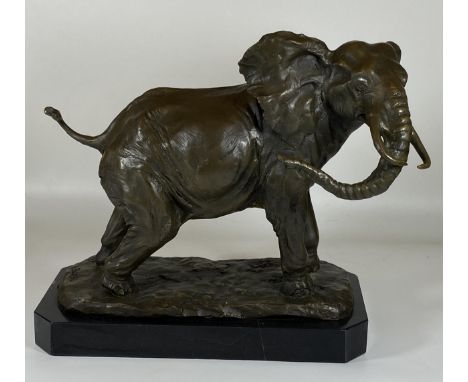 A LARGE BRONZE MODEL OF AN AFRICAN ELEPHANT ON MARBLE BASE, SIGNED BARYE, HEIGHT 29CM, LENGTH 29CM 
