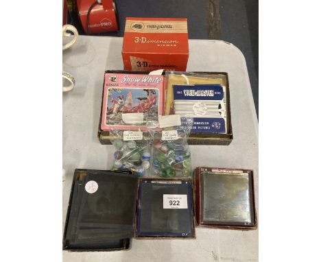 A VINTAGE 3-DIMENSION VIEW MASTER IN ORIGINAL BOX, QUANTITY OF VIEW MASTER REELS, ANTIQUE PHOT PLATE NEGATIVES AND VINTAGE MA