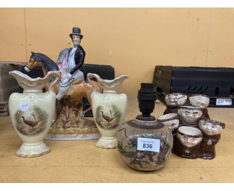 A VINTAGE STAFFORDSHIRE FLATBACK 'SIR ROBERT PEEL', A PAIR OF VICTORIAN JUGS WITH PHEASANT DESIGN, ORIENTAL LAMP BASE AND A G