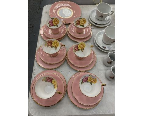 SIX VINTAGE AYNSLEY TRIOS PLUS A CAKE PLATE WITH A PINK AND ROSE PATTERN 