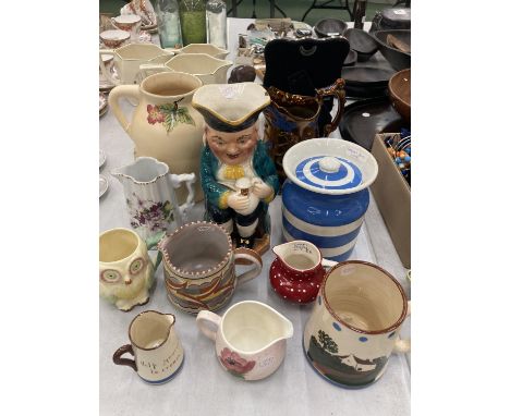 A QUANTITY OF CERAMIC ITEMS TO INCLUDE A T G GREEN LIDDED STORAGE POT, MOTTO WARE, POOLE POTTERY JUG ETC., 
