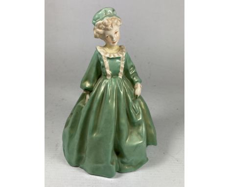 A ROYAL WORCESTER FIGURINE"GRANDMA'S DRESS" BY FREDA DOUGHTY - GREEN DRESS - 17 CM, A/F 