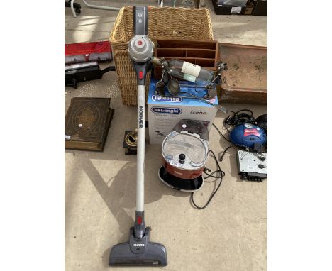 AN ASSORTMENT OF ITEMS TO INCLUDE A DELONGHI COFFEE MACHINE, A HOOVER STICK VACUUM AND A COFFEE GRINDER ETC 