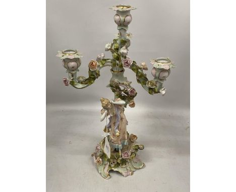 A DRESDEN CONTINENTAL HARD PASTE PORCELAIN CHERUB THREE BRANCH CANDLESTICK, HEIGHT 45CM 