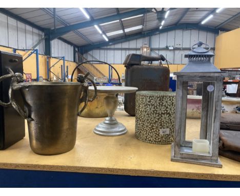 A VINTAGE STYLE WOOD AND GLASS LANTERN, BRASS PLANTER WITH MONKEY HANDLES, PLANTER AND PLANT STAND 