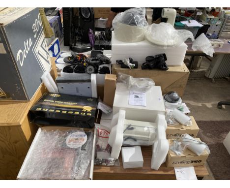 A LARGE QUANTITY OF NEW AND BOXED CCTV AND SURVEILLANCE EQUIPMENT TO INCLUDE A FLOUREN DIGITAL VIDEO RECORDER, AN INFRA-RED I