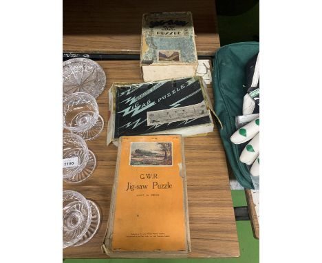 THREE VINTAGE JIGSAW PUZZLES TO INCLUDE TWO CHAD VALLEY GREAT WESTERN RAILWAY 