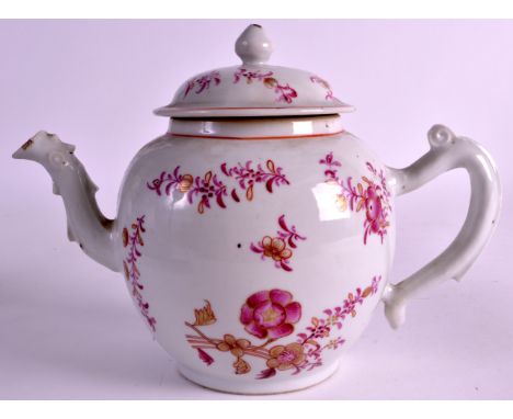 AN 18TH CENTURY CHINESE EXPORT FAMILLE ROSE TEAPOT AND COVER Qianlong, painted with floral sprays. 8ins wide. 