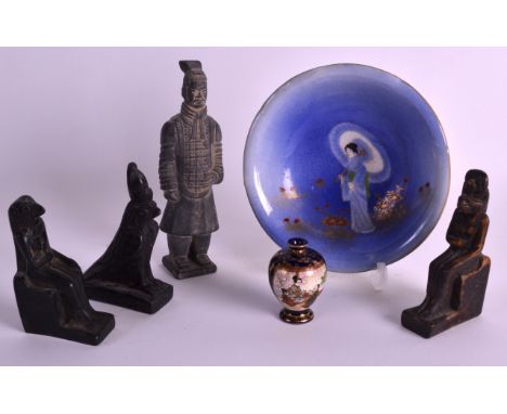 A JAPANESE SATSUMA VASE together with a japanese saucer & four other figures. (6)