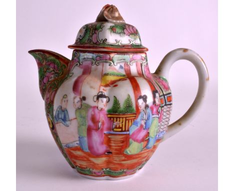 AN EARLY 20TH CENTURY CHINESE FAMILLE ROSE TEAPOT AND COVER painted with birds and figures. 5.5ins wide.
