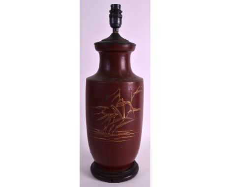 A LATE 19TH CENTURY JAPANESE MEIJI PERIOD POTTERY VASE converted to a lamp, incised with a bird and foliage. Pottery 1.2ins h