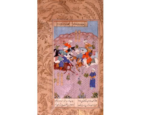 A 19TH CENTURY PERSIAN ILLUMINATED MANUSCRIPT depicting figures on horseback within a landscape. 11.5ins x 7ins. 