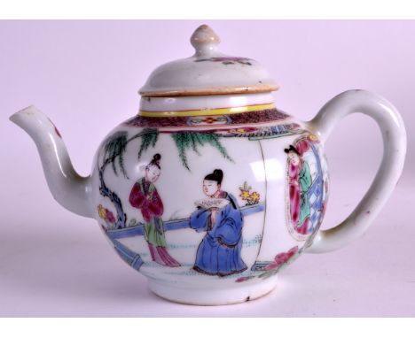 AN EARLY 18TH CENTURY CHINESE EXPORT FAMILLE ROSE TEAPOT AND COVER Yongzheng, painted with figures beside a fenced garden. 6.