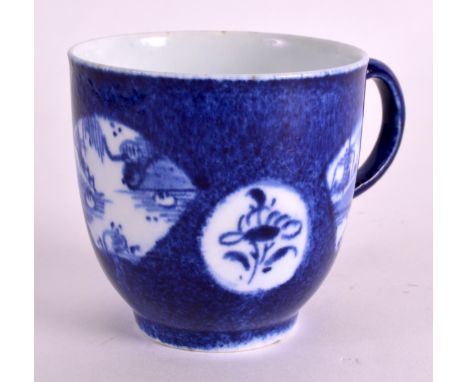 A FINE 18TH CENTURY BOW POWDER BLUE COFFEE CUP painted with fan panels of Chinese landscapes. 2.25ins high. 