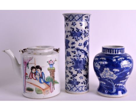 A 19TH CENTURY CHINESE BLUE AND WHITE CYLINDRICAL VASE bearing Kangxi marks to base, together with a ginger jar & teapot and 