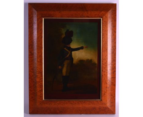 A VICTORIAN REVERSE PAINTED PRINT 'LIGHT HORSEMAN' contained within a veneered frame. Image 1ft 4ins x 1ft. 