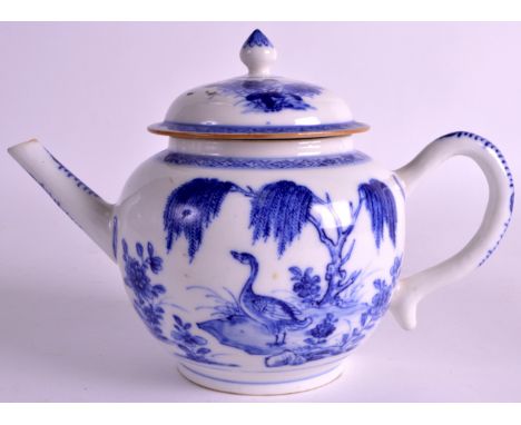 AN 18TH CENTURY CHINESE EXPORT BLUE AND WHITE TEAPOT AND COVER Qianlong, painted with ducks beside a lake. 7.5ins wide. 