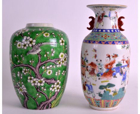 AN EARLY 20TH CENTURY CHINESE GREEN GLAZED VASE bearing Kangxi marks to base, together with a famille rose vase painted with 