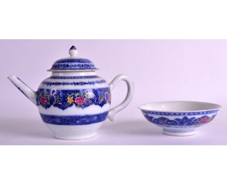 A MID 18TH CENTURY CHINESE EXPORT BLUE AND WHITE TEAPOT AND COVER Qianlong, over enamelled with flowers. 7.5ins wide. 